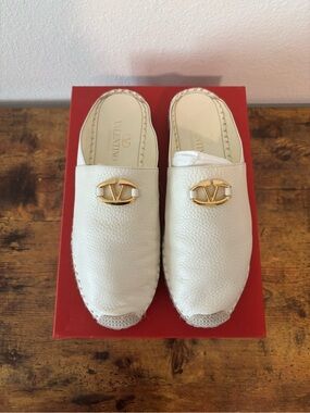 Valentino White Leather Logo Mule Espadrilles